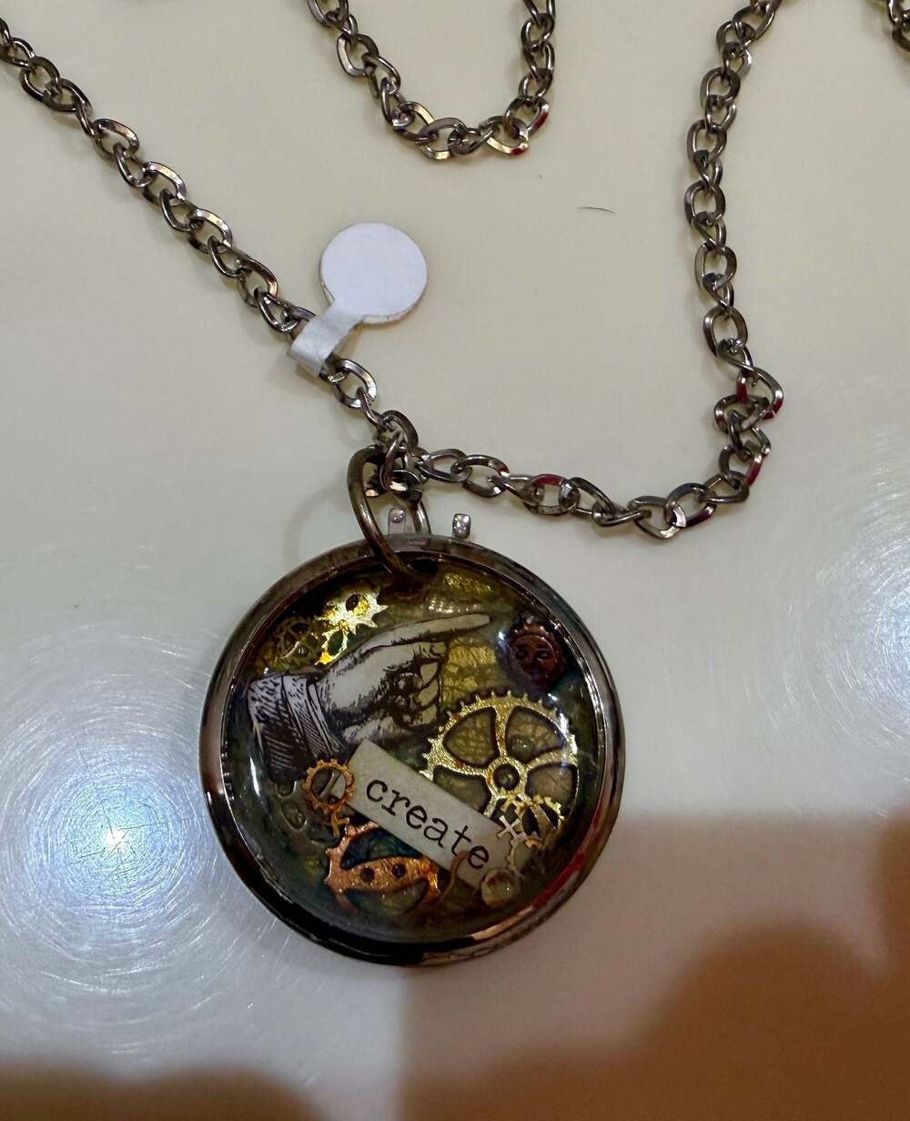 Steampunk Style Gear and 'Create' Illustration Resin Pendant Necklace